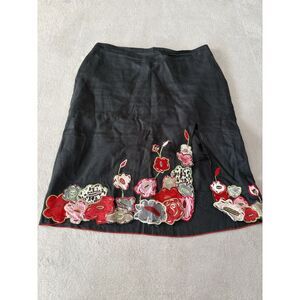 Vintage‎ Clio Womens 8 Black Skirt 100% Linen Floral Embroidery Flowers Slit